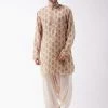 Vastramay Men's Multicolor-Base-Beige And Cream Muslin Cotton Kurta And Patiala Set Dhoti Kurta Sets