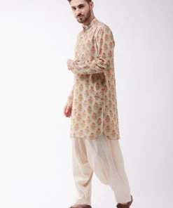 Vastramay Men's Multicolor-Base-Beige And Cream Muslin Cotton Kurta And Patiala Set Dhoti Kurta Sets