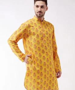 Vastramay Men's Multicolor-Base-Mustard Muslin Cotton Kurta