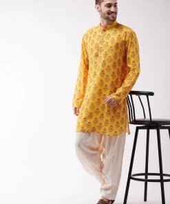Vastramay Men's Multicolor-Base-Mustard Muslin Cotton Kurta