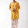 Vastramay Men's Multicolor-Base-Mustard And Cream Muslin Cotton Kurta And Patiala Set