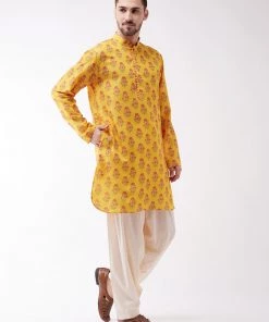 Vastramay Men's Multicolor-Base-Mustard And Cream Muslin Cotton Kurta And Patiala Set