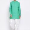 Vastramay Men's Green Cotton Blend Kurta And White Dhoti Set 1 Vastramay Men's Green Cotton Blend Kurta And White Dhoti Set