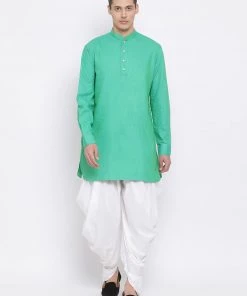 Vastramay Men's Green Cotton Blend Kurta And White Dhoti Set