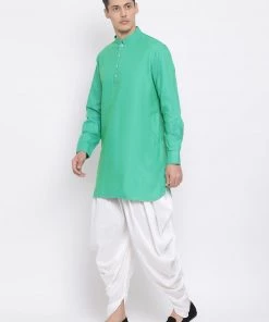 Vastramay Men's Green Cotton Blend Kurta And White Dhoti Set