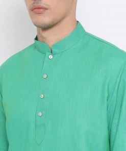 Vastramay Men's Green Cotton Blend Kurta And White Dhoti Set