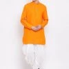 Vastramay Men's Orange Cotton Blend Kurta And White Dhoti Set
