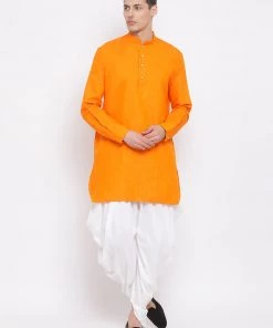 Vastramay Men's Orange Cotton Blend Kurta And White Dhoti Set