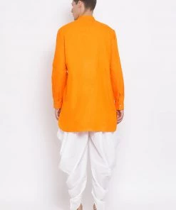 Vastramay Men's Orange Cotton Blend Kurta And White Dhoti Set