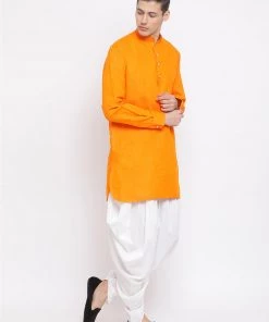 Vastramay Men's Orange Cotton Blend Kurta And White Dhoti Set