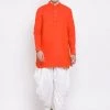 Vastramay Men's Red Cotton Blend Kurta And White Dhoti Set
