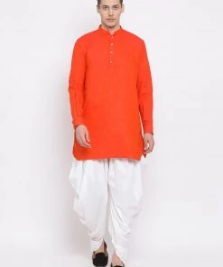 Vastramay Men's Red Cotton Blend Kurta And White Dhoti Set