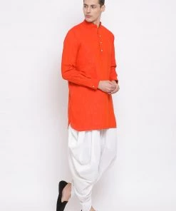 Vastramay Men's Red Cotton Blend Kurta And White Dhoti Set