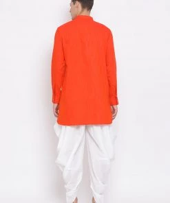 Vastramay Men's Red Cotton Blend Kurta And White Dhoti Set