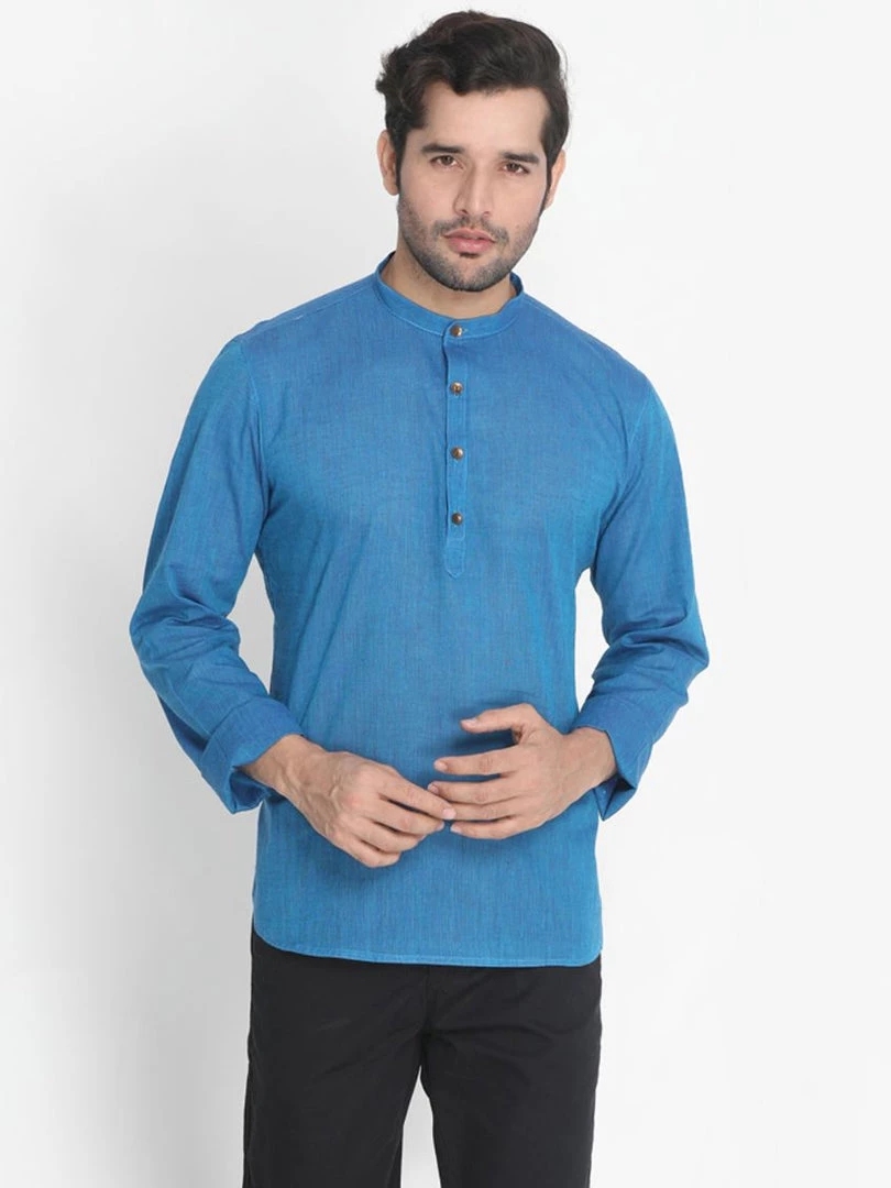 Vastramay Men's Blue Pure Cotton Short Kurta 3 Vastramay Men's Blue Pure Cotton Short Kurta