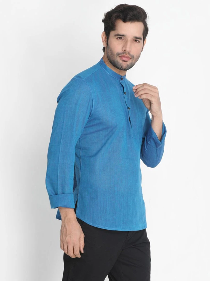 Vastramay Men's Blue Pure Cotton Short Kurta 4 Vastramay Men's Blue Pure Cotton Short Kurta