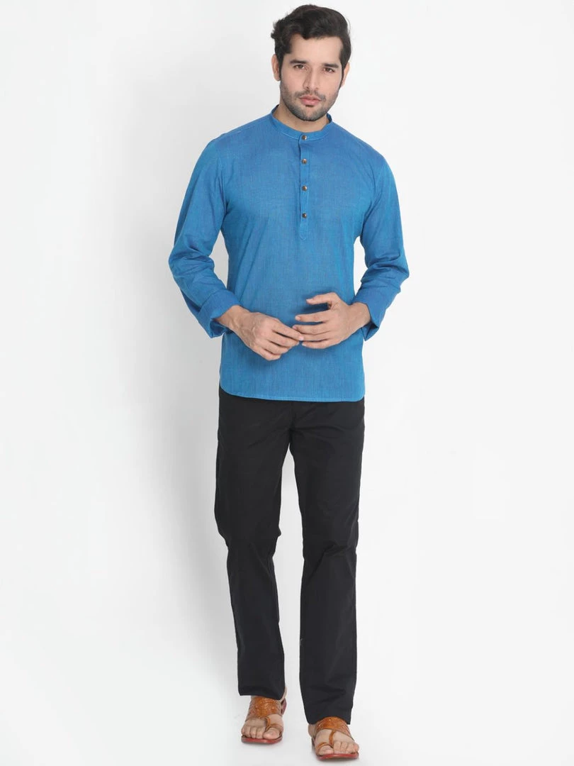 Vastramay Men's Blue Pure Cotton Short Kurta 7 Vastramay Men's Blue Pure Cotton Short Kurta
