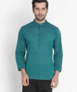 Vastramay Men's Green Pure Cotton Short Kurta