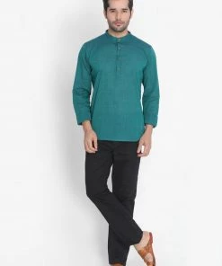 Vastramay Men's Green Pure Cotton Short Kurta