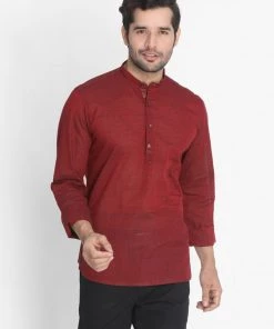 Vastramay Men's Maroon Pure Cotton Short Kurta