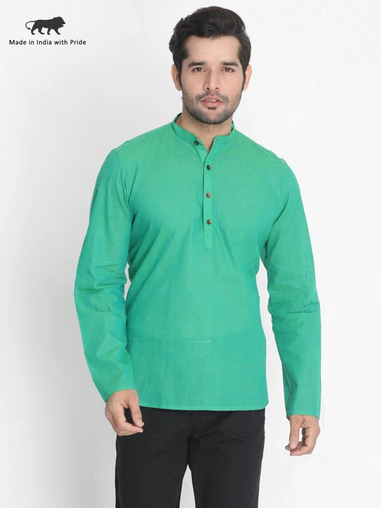 Vastramay Men's Green Pure Cotton Short Kurta 3 Vastramay Men's Green Pure Cotton Short Kurta