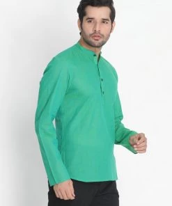 Vastramay Men's Green Pure Cotton Short Kurta 9 Vastramay Men's Green Pure Cotton Short Kurta