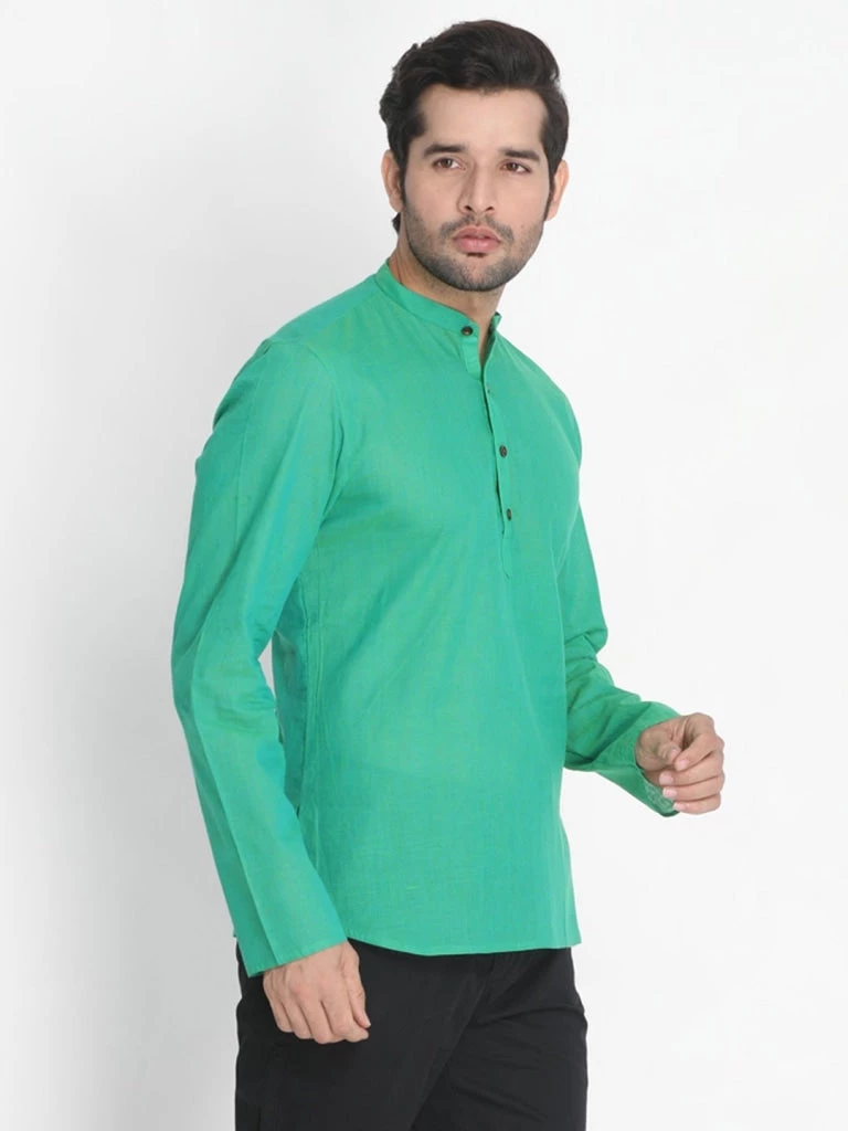 Vastramay Men's Green Pure Cotton Short Kurta 4 Vastramay Men's Green Pure Cotton Short Kurta
