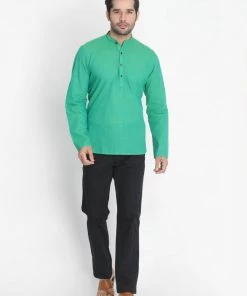 Vastramay Men's Green Pure Cotton Short Kurta 12 Vastramay Men's Green Pure Cotton Short Kurta