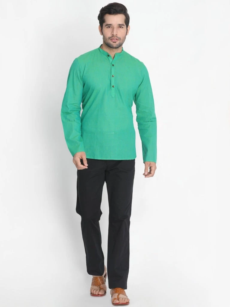 Vastramay Men's Green Pure Cotton Short Kurta 7 Vastramay Men's Green Pure Cotton Short Kurta