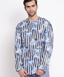 Vastramay Men's Blue Silk Blend Digital Printed Short Kurta Buy 1 Get 1
