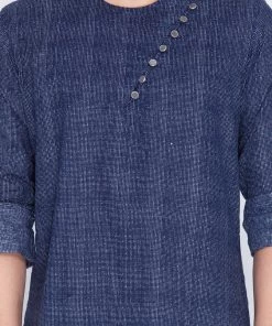 Vastramay Men's Blue Printed Cotton Blend Short Kurta