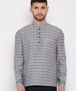 Vastramay Men's Grey Cotton Blend Short Kurta