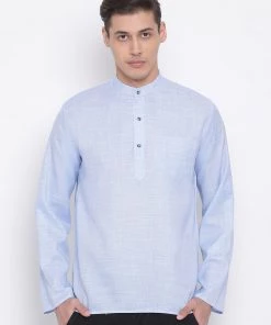 Vastramay Men's Blue Cotton Blend Short Kurta