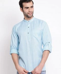 Vastramay Men's Green Cotton Blend Short Kurta