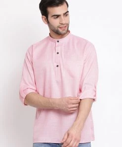 Vastramay Men's Pink Cotton Blend Short Kurta
