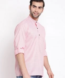 Vastramay Men's Pink Cotton Blend Short Kurta