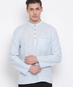 Vastramay Men's Aqua Blue Cotton Blend Short Kurta
