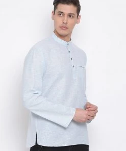 Vastramay Men's Aqua Blue Cotton Blend Short Kurta
