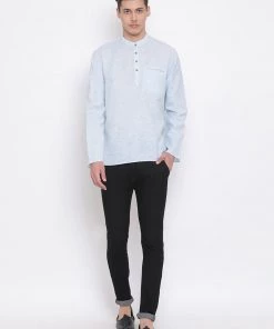 Vastramay Men's Aqua Blue Cotton Blend Short Kurta 12 Vastramay Men's Aqua Blue Cotton Blend Short Kurta