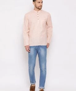 Vastramay Men's Peach Cotton Blend Short Kurta