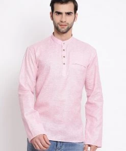 Vastramay Men's Pink Cotton Blend Short Kurta