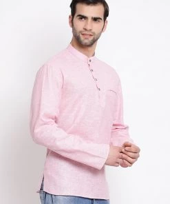 Vastramay Men's Pink Cotton Blend Short Kurta