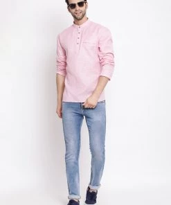 Vastramay Men's Pink Cotton Blend Short Kurta