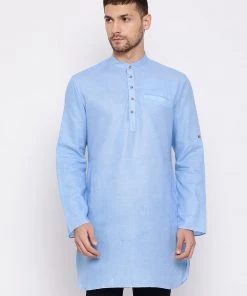 Vastramay Men's Light Blue Cotton Blend Short Kurta