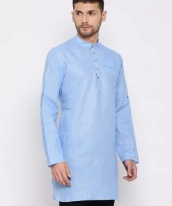 Vastramay Men's Light Blue Cotton Blend Short Kurta