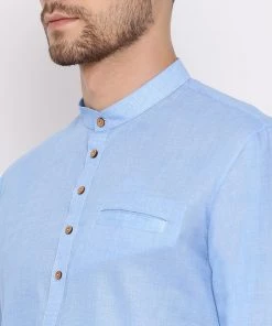 Vastramay Men's Light Blue Cotton Blend Short Kurta