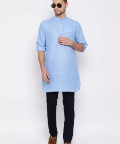 Vastramay Men's Light Blue Cotton Blend Short Kurta