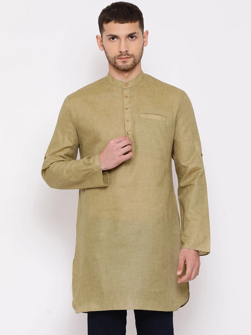 Vastramay Men's Green Cotton Blend Short Kurta 3 Vastramay Men's Green Cotton Blend Short Kurta