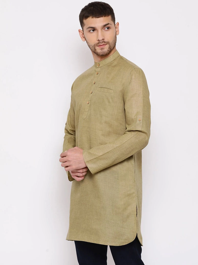 Vastramay Men's Green Cotton Blend Short Kurta 4 Vastramay Men's Green Cotton Blend Short Kurta