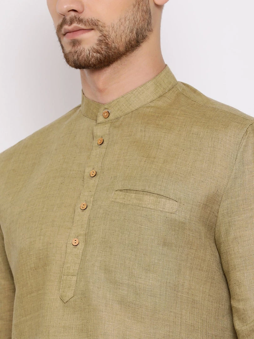 Vastramay Men's Green Cotton Blend Short Kurta 5 Vastramay Men's Green Cotton Blend Short Kurta